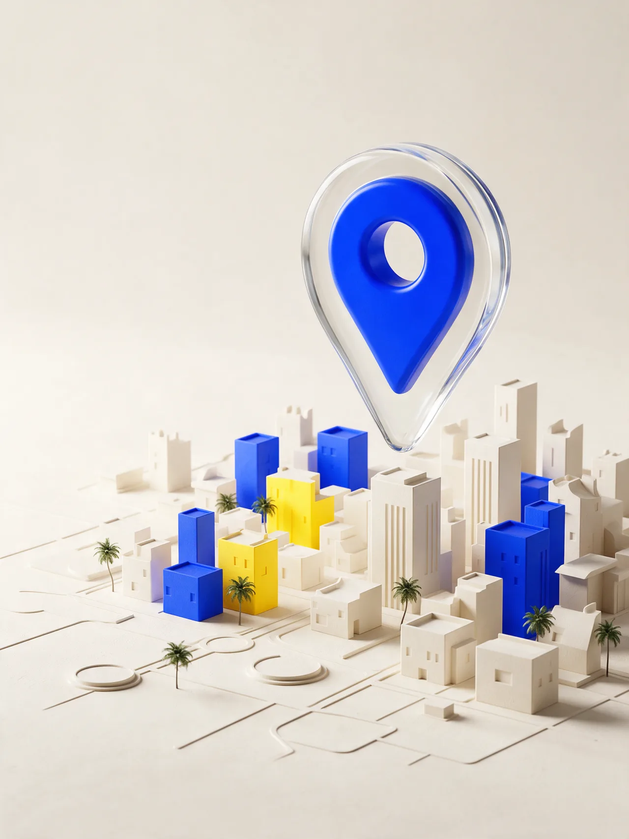 Conceptual glass and cobalt location pin above an architectural neighbourhood model
