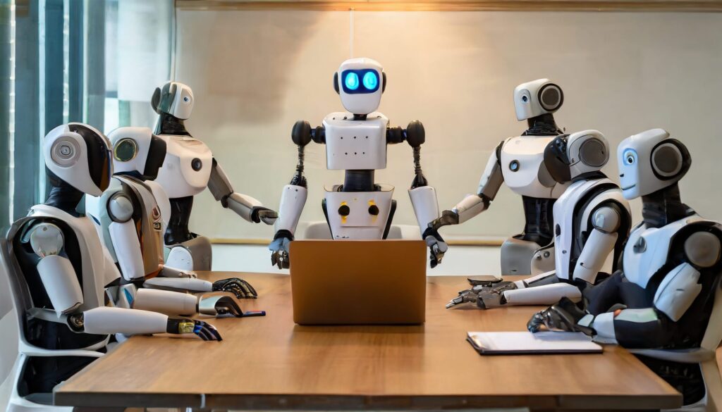 AI Robots in the boardroom discussing SEO
