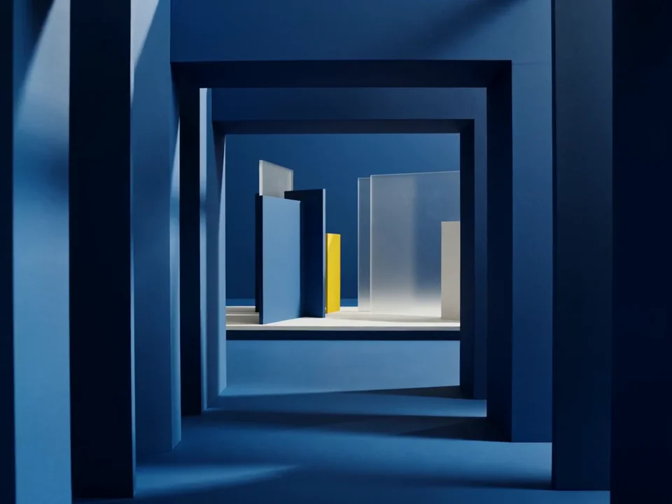 Illustrative architectural layers opening onto a blue, white and yellow composition