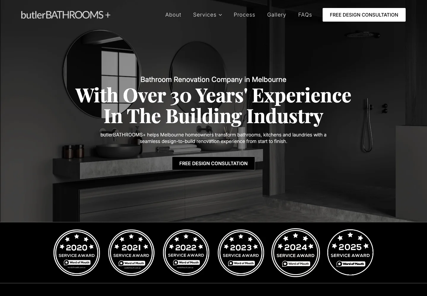 Butler Bathrooms homepage with bathroom photography and consultation action