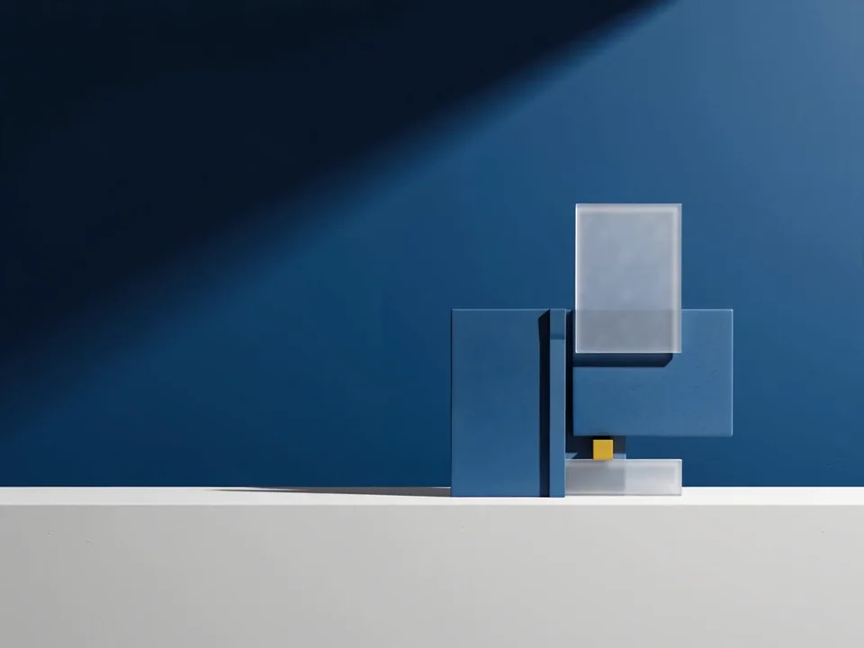 Blue and glass panels assembled into an ordered composition