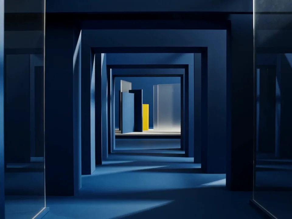 Navy architectural layers revealing one illuminated composition
