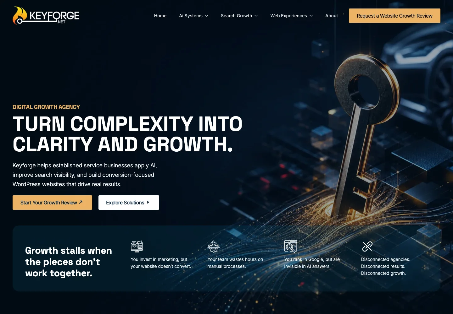 Keyforge.net homepage with grouped service navigation and website growth review action