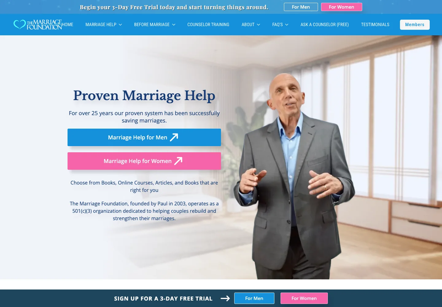 The Marriage Foundation homepage with separate marriage-help routes for men and women