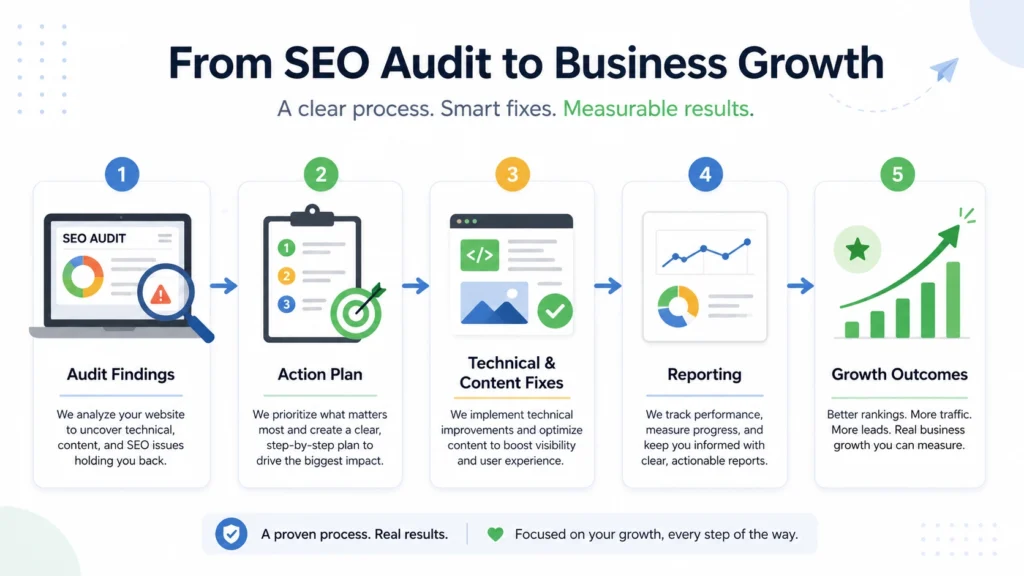 Diagram showing an SEO audit moving from findings to prioritized tasks, implementation, reporting, and growth