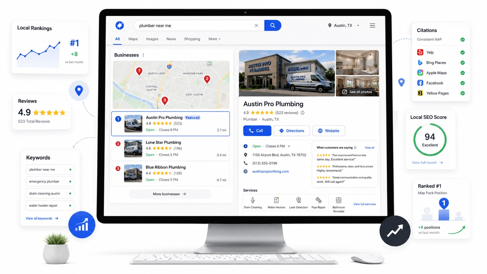 Example of a Google Business Profile showing reviews, photos, and contact buttons in local search results