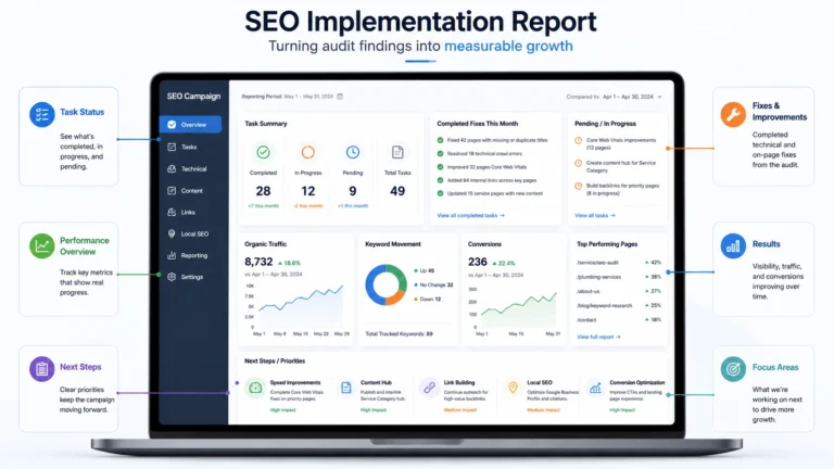 Mockup of an SEO implementation report showing completed tasks, keyword movement, traffic, conversions, and next steps