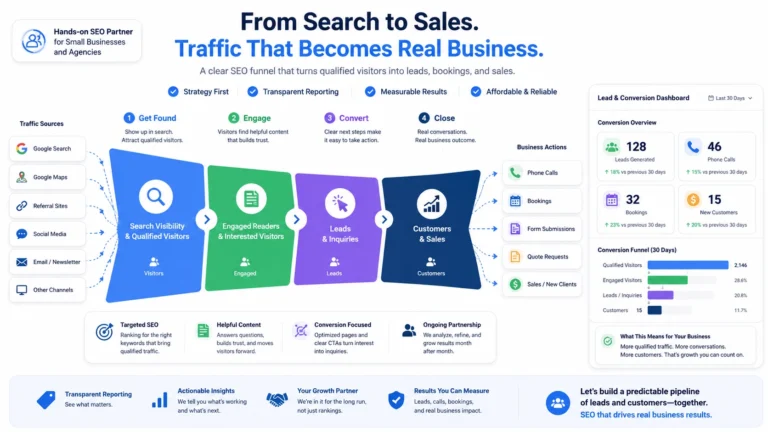 Checklist showing common website traffic blockers such as keyword issues, thin content, technical problems, local visibility, authority, and tracking