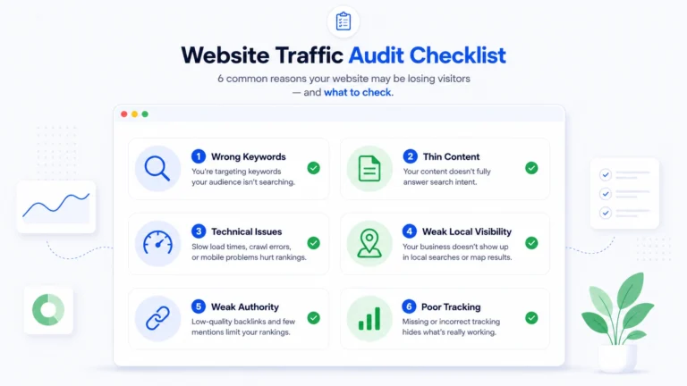 Checklist showing common website traffic blockers such as keyword issues, thin content, technical problems, local visibility, authority, and tracking