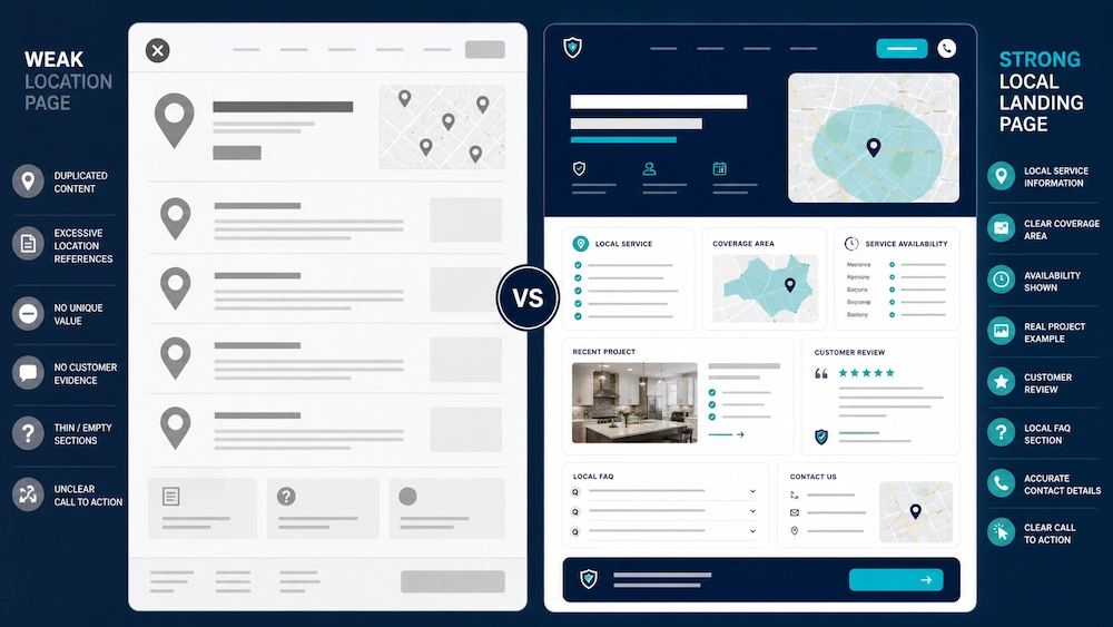 Comparison of a thin location page and a useful local landing page